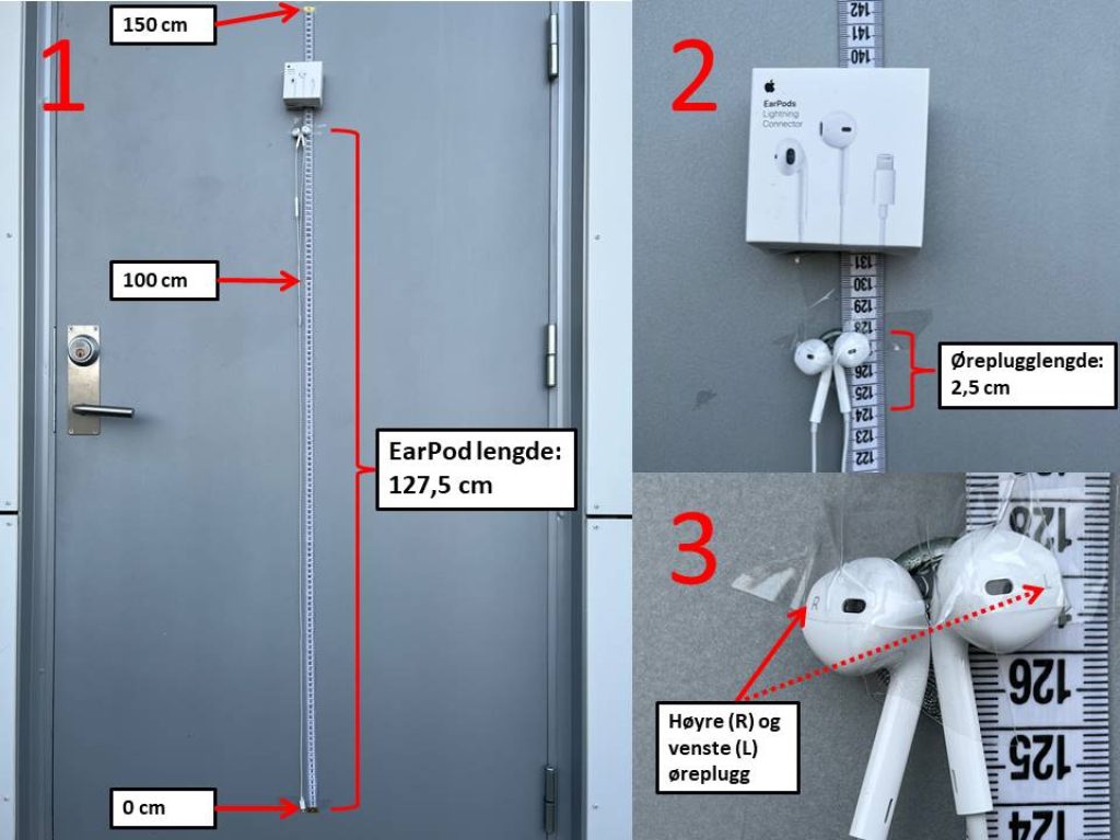 Apple EarPods Lightning Connector kabellengde er målt med målebånd på en grå dør.