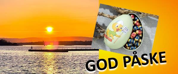 Påskeegg, tekst med god påske og solnedgang over Oslo fjorden