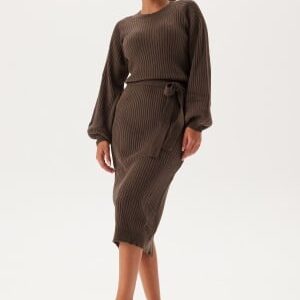 BUBBLEROOM Round Neck Rib Knitted Midi Dress Brown 4XL