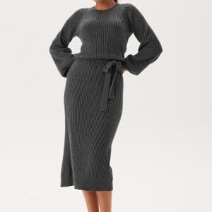 BUBBLEROOM Round Neck Rib Knitted Midi Dress Dark grey melange 4XL