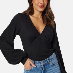 BUBBLEROOM V-neck Puff Sleeve L/S Top Black L
