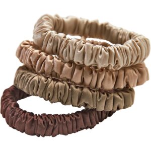 Lenoites Mulberry Silk Skinny Scrunchies Beige, light brown, brown, coffee - 4 pcs