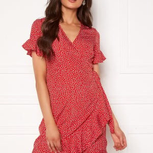 VERO MODA Henna 2/4 Wrap Frill Dress Goji Berry AOP:White S
