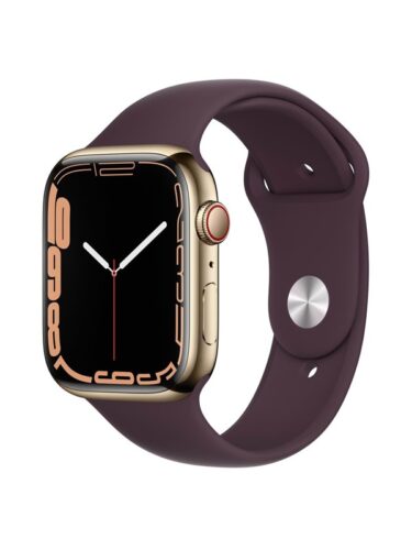 Apple Watch Series 7 GPS + Cellular 45mm Gold Stainless Steel Case with Dark Cherry Sport Band – 0194252573785