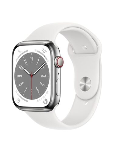 Apple Watch Series 8 GPS + Cellular 45mm Silver Stainless Steel Case with White Sport Band – 0194253181842
