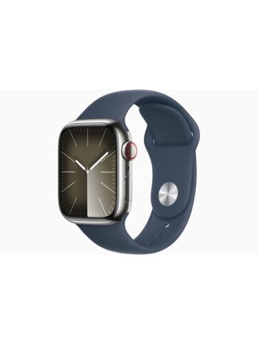 Apple Watch Series 9 GPS + Cellular 41mm – Silver Stainless Steel Case with Storm Blue Sport Band – M/L – 0194253844013