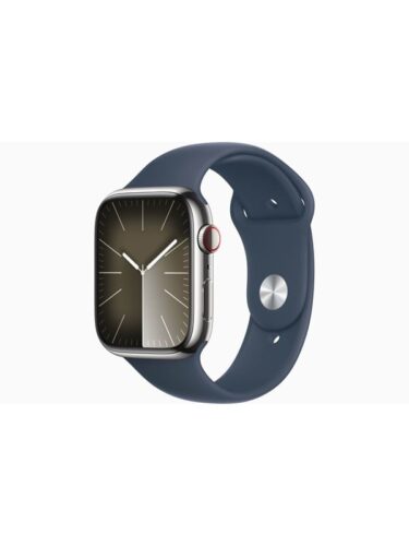 Apple Watch Series 9 GPS + Cellular 45mm – Silver Stainless Steel Case with Storm Blue Sport Band – S/M – 0194253851219