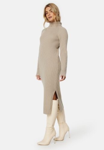 BUBBLEROOM Amira knitted slit dress Nougat XL – 7333340155356