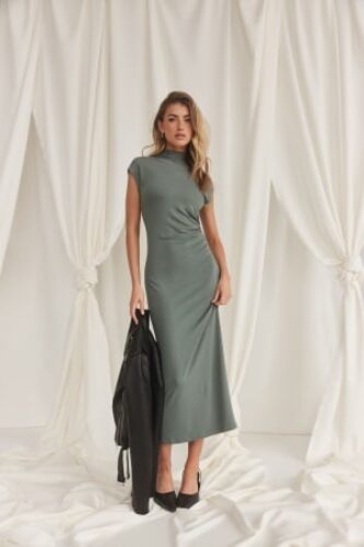 BUBBLEROOM Drapy Cap Sleeve Dress Green S – 7333340294352