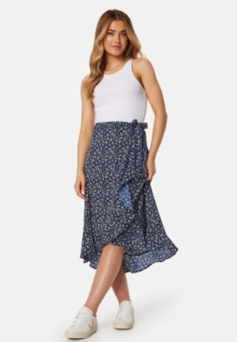 BUBBLEROOM Flounce Midi Wrap Skirt Dark blue/Patterned XS – 7333340297001