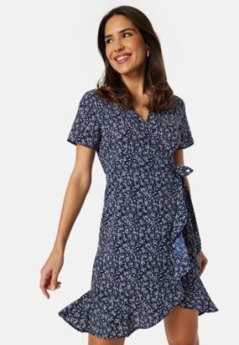 BUBBLEROOM Flounce Short Wrap Dress Dark blue/Patterned XS – 7333340296622