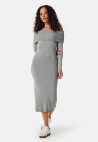 BUBBLEROOM Knitted Off Shoulder Dress Grey melange S – 7333340291054