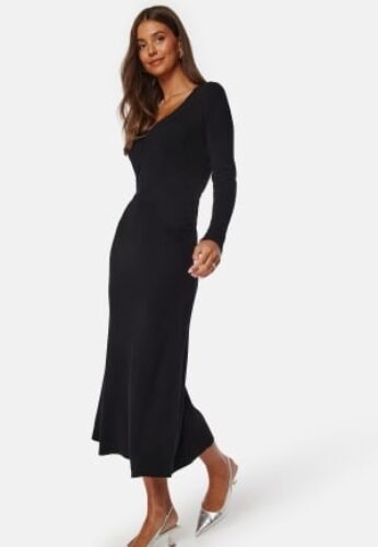 BUBBLEROOM Knitted Rouched Midi Dress Black L – 7333340278123