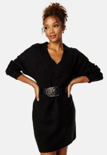BUBBLEROOM Knitted V-neck Sweater Dress Black S – 7333340178157