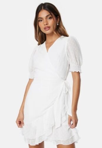 Bubbleroom Occasion Dotted S/S wrap dress White XS – 7333340284957