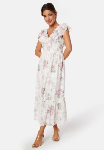 Bubbleroom Occasion Flounce Jacquard Midi Dress Pink/Patterned L – 7333340293393