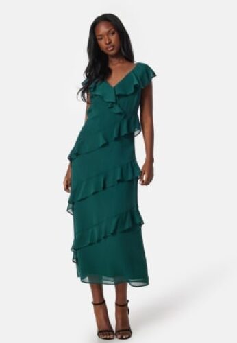 Bubbleroom Occasion Frill Chiffon Midi Dress Dark green L – 7333340309582