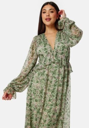 Bubbleroom Occasion Frill L/S Chiffon Midi Dress Green/Floral XS – 7333340277300