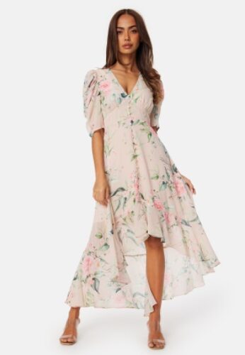 Bubbleroom Occasion High-Low Short Sleeve Dress Dusty pink/Floral 34 – 7333340302958