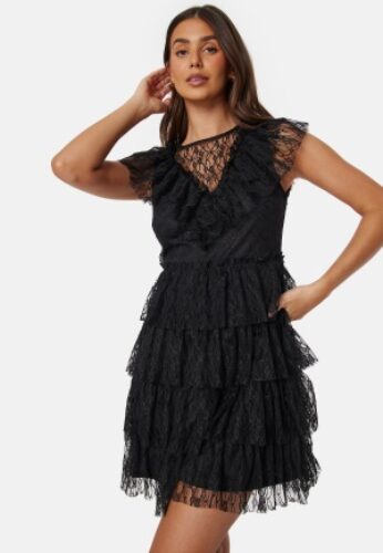 Bubbleroom Occasion Lace Frill Dress Black XS – 7333340288931