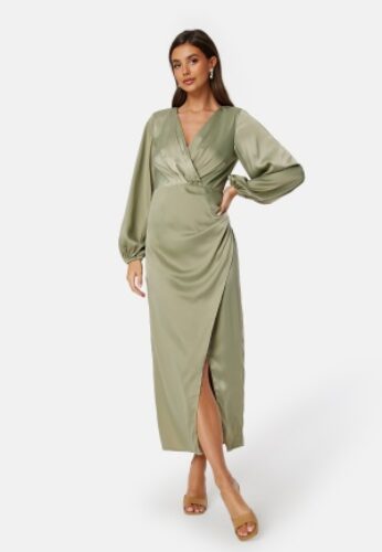 Bubbleroom Occasion L/S wrap satin midi dress Green XS – 7333340276822