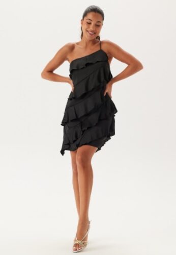 Bubbleroom Occasion One shoulder Short Frill Dress Black XS – 7333340312469