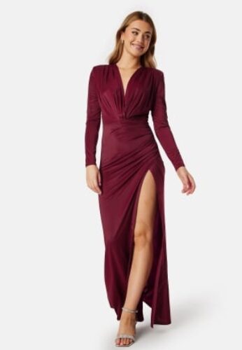 Bubbleroom Occasion Slit V-neck stretchy gown Bordeaux XS – 7333340279274