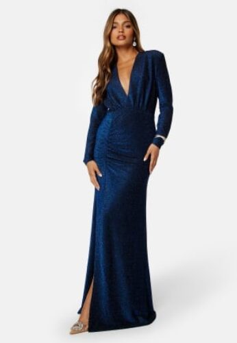 Bubbleroom Occasion Sparkling Ruched Slit Gown Dark blue XL – 7333340255162