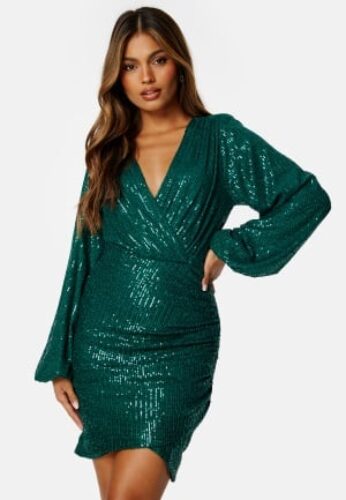 Bubbleroom Occasion Sparkling Wrap Dress Dark green 4XL – 7333340249345