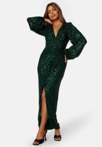 Bubbleroom Occasion Sparkling Wrap Gown Dark green XS – 7333340249512