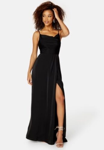 Bubbleroom Occasion Waterfall High Slit Satin Gown Black 34 – 7333340138731