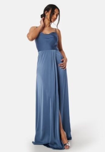 Bubbleroom Occasion Waterfall High Slit Satin Gown Blue 46 – 7333340131794