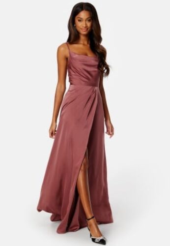 Bubbleroom Occasion Waterfall High Slit Satin Gown Dark old rose 46 – 7333340190890