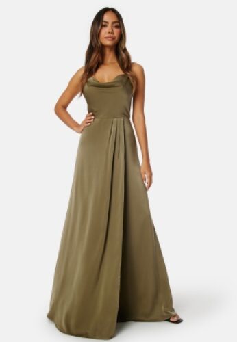 Bubbleroom Occasion Waterfall High Slit Satin Gown Olive green 34 – 7333340131879