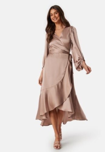 Bubbleroom Occasion Wrap Frill L/S Satin Dress Mole XL – 7333340275207