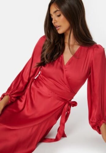 Bubbleroom Occasion Wrap Frill L/S Satin Dress Red XS – 7333340260098