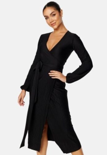 BUBBLEROOM Pleated Wrap Midi Dress Black S – 7333340186176