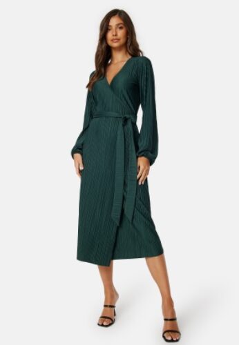 BUBBLEROOM Pleated Wrap Midi Dress Dark green S – 7333340295113