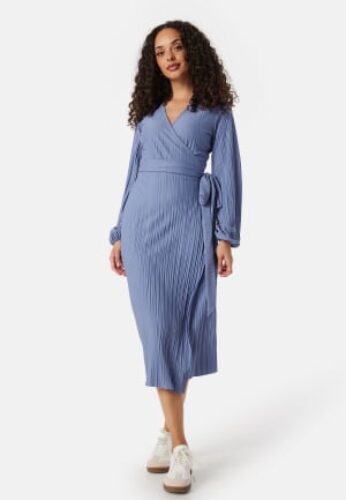 BUBBLEROOM Pleated Wrap Midi Dress Dusty blue L – 7333340324844