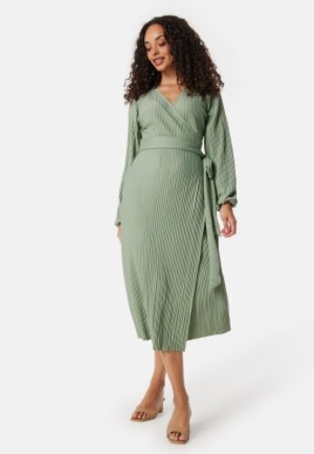 BUBBLEROOM Pleated Wrap Midi Dress Green M – 7333340324882