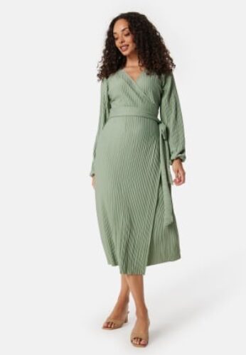BUBBLEROOM Pleated Wrap Midi Dress Green S – 7333340324875