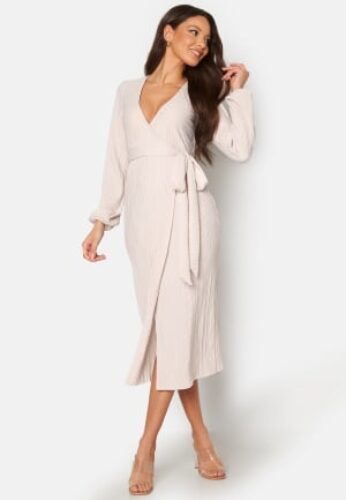 BUBBLEROOM Pleated Wrap Midi Dress Light beige XL – 7333340131176