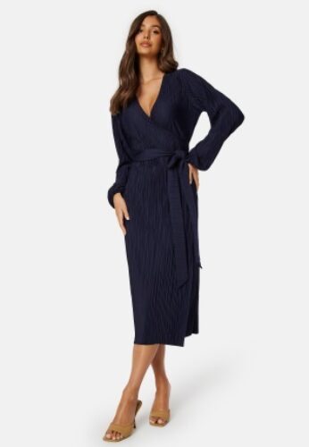 BUBBLEROOM Pleated Wrap Midi Dress Navy XS – 7333340295052