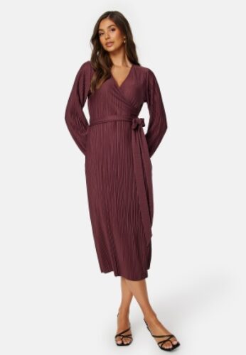 BUBBLEROOM Pleated Wrap Midi Dress Wine-red S – 7333340295168