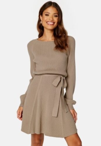 BUBBLEROOM Rib Knitted Skater Dress Dark beige S – 7333340157428