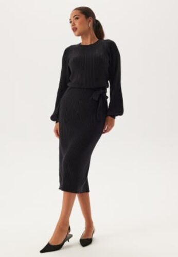 BUBBLEROOM Round Neck Rib Knitted Midi Dress  Black M – 7333340319741