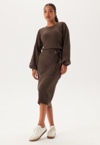 BUBBLEROOM Round Neck Rib Knitted Midi Dress  Brown 3XL – 7333340319628