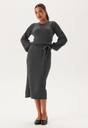 BUBBLEROOM Round Neck Rib Knitted Midi Dress  Dark grey melange S – 7333340319819