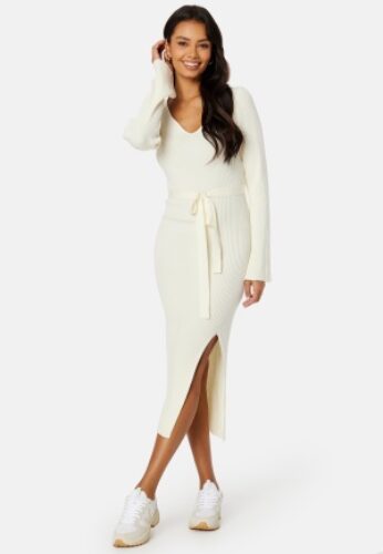 BUBBLEROOM Slit Knitted Midi Dress Cream L – 7333340158739