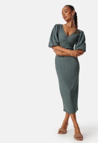 BUBBLEROOM Structure Puff Sleeve Dress Dusty green L – 7333340318409